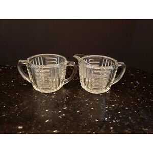 Art Deco Creamer Sugar Bowl Vintage Clear Glass Cut Ribbed Lines
